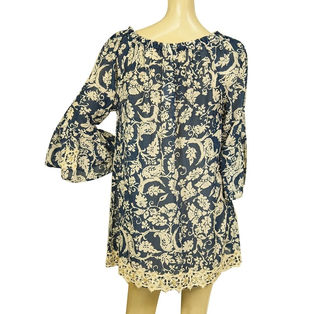 Joyce & girls Silk Blue Paisley Cream Lace Tunic Kaftan Cover Up Dress size S - 2
