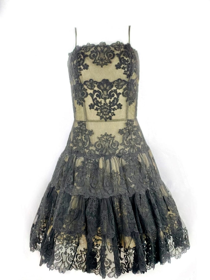 Vintage VICKY TIEL Couture Paris Black Floral Lace Sleeveless Mini Dress Size S - 2