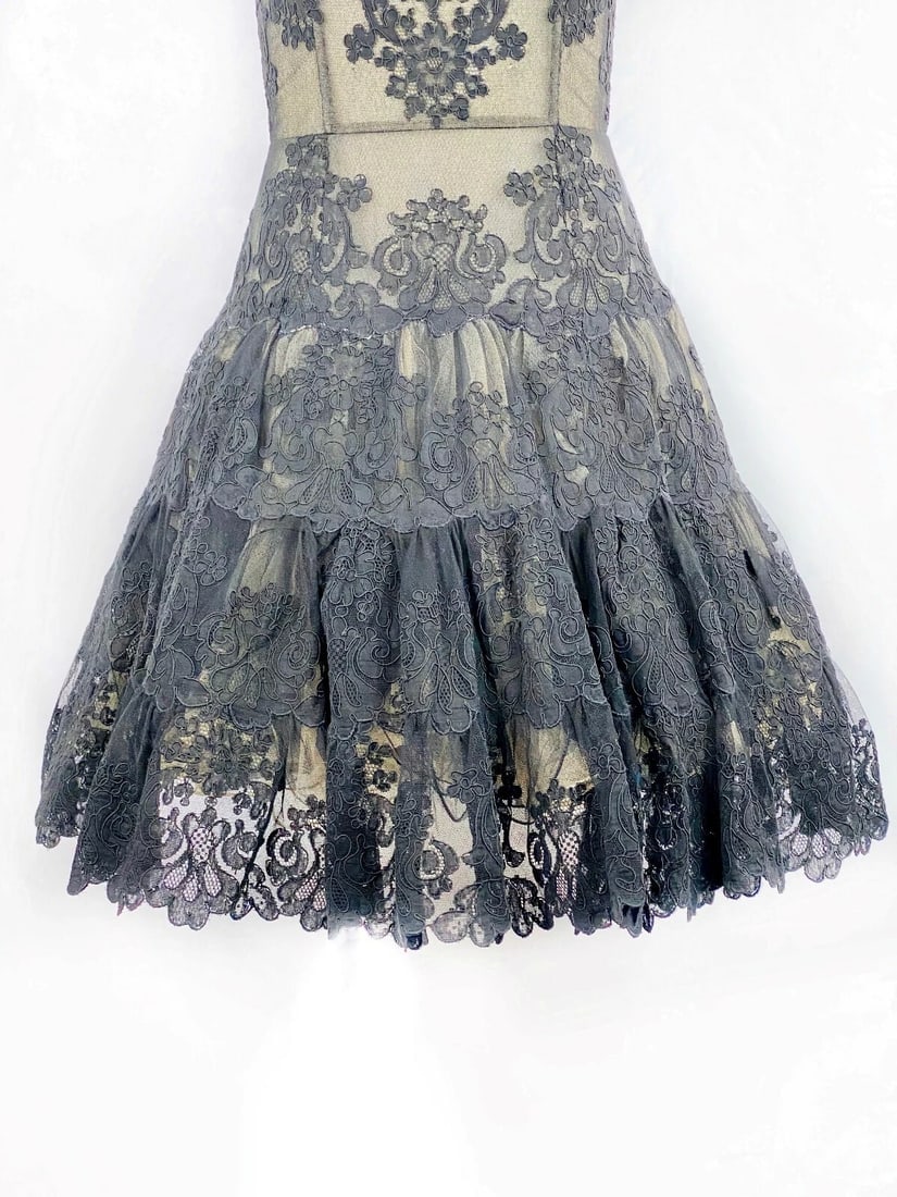 Vintage VICKY TIEL Couture Paris Black Floral Lace Sleeveless Mini Dress Size S - 4