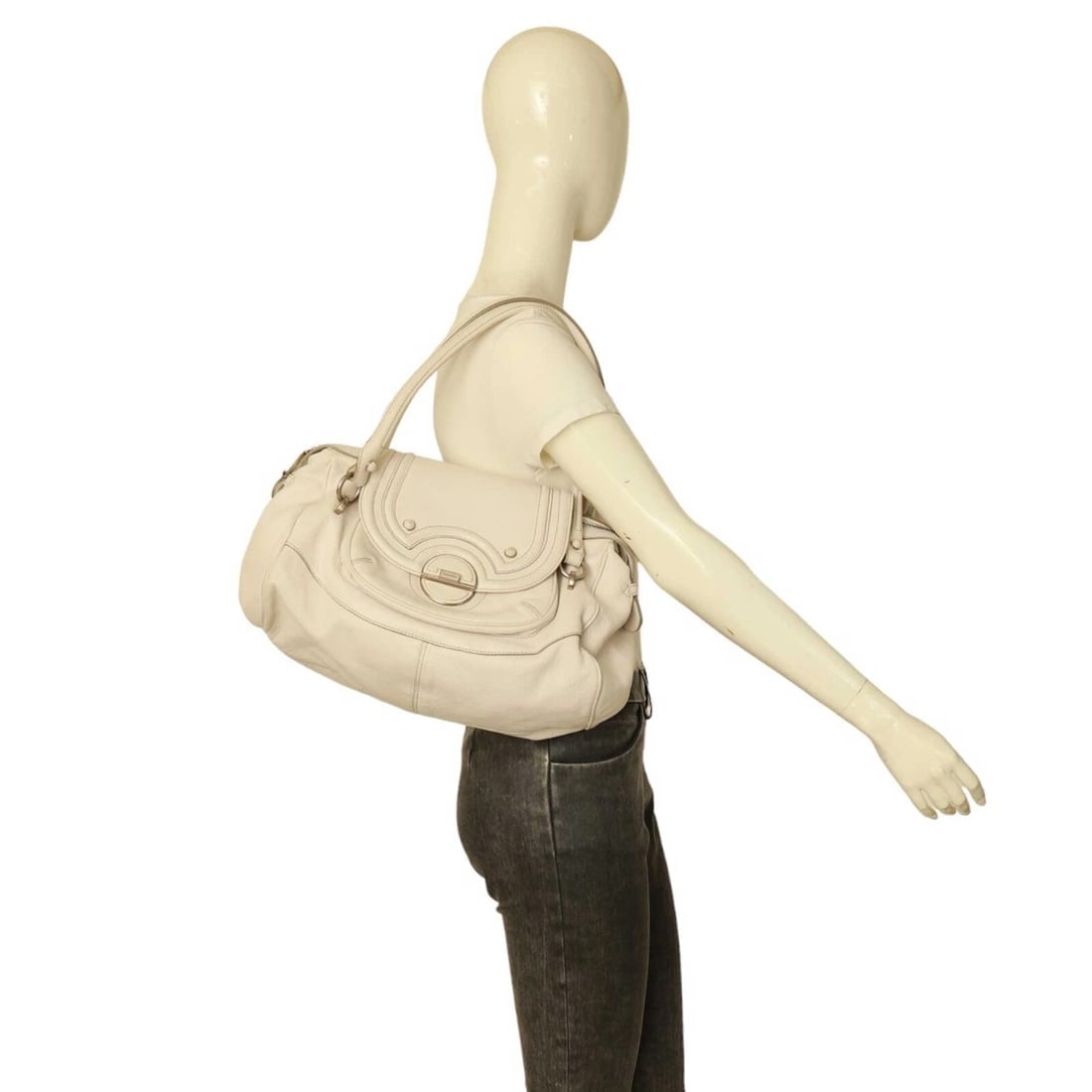 Calvin Klein White Leather Beige Stitching Satchel Bag Shoulder Flap top Handbag - 11