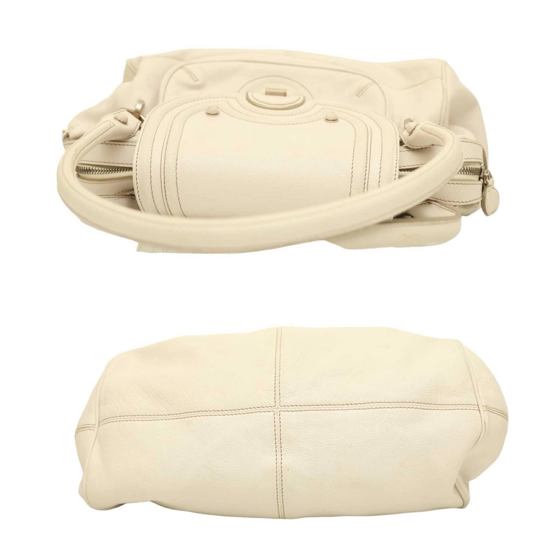 Calvin Klein White Leather Beige Stitching Satchel Bag Shoulder Flap top Handbag - 4