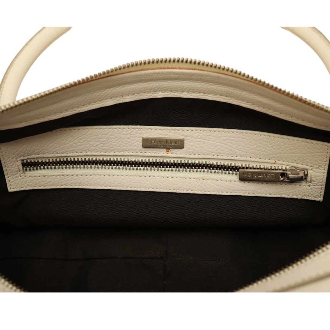 Calvin Klein White Leather Beige Stitching Satchel Bag Shoulder Flap top Handbag - 7