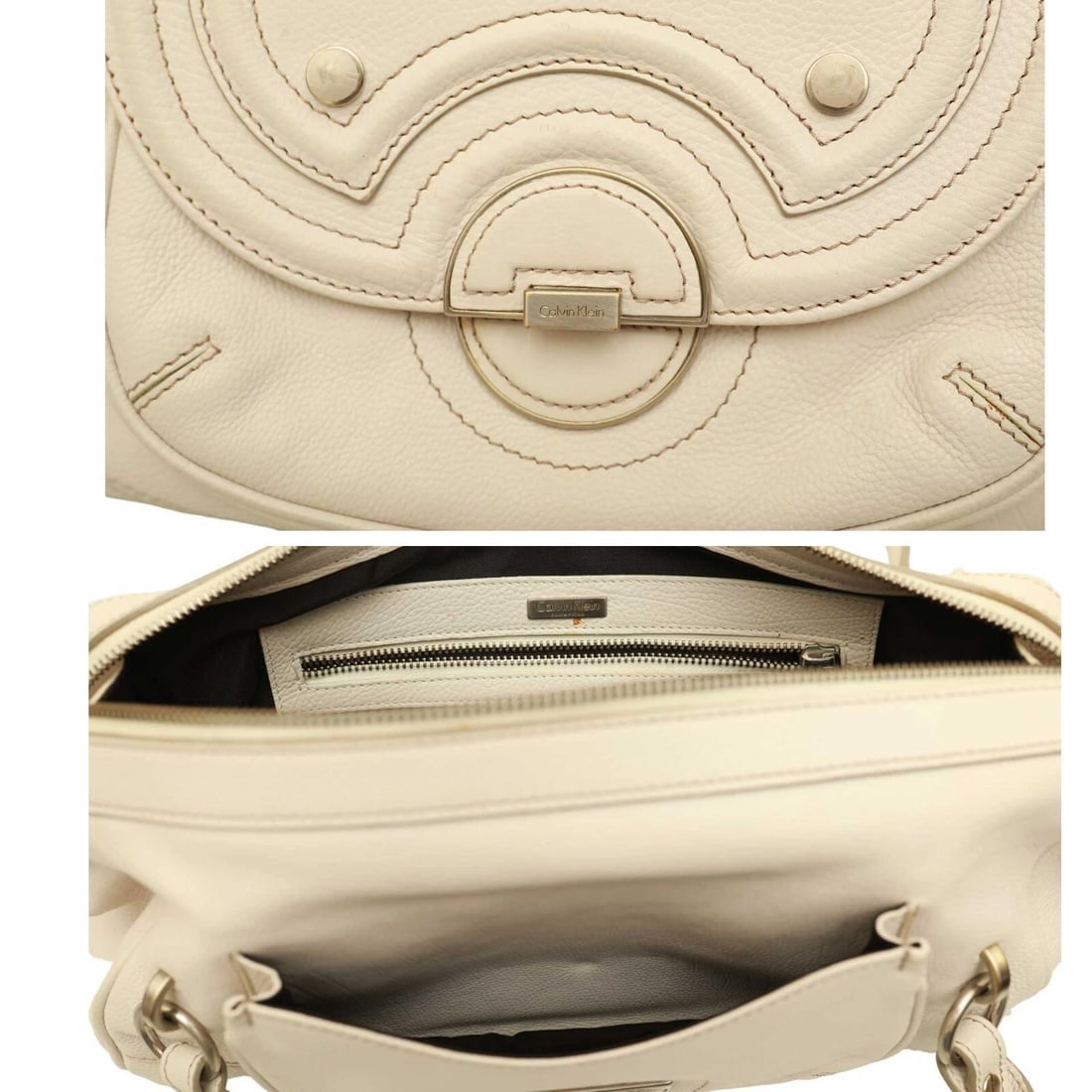Calvin Klein White Leather Beige Stitching Satchel Bag Shoulder Flap top Handbag - 9
