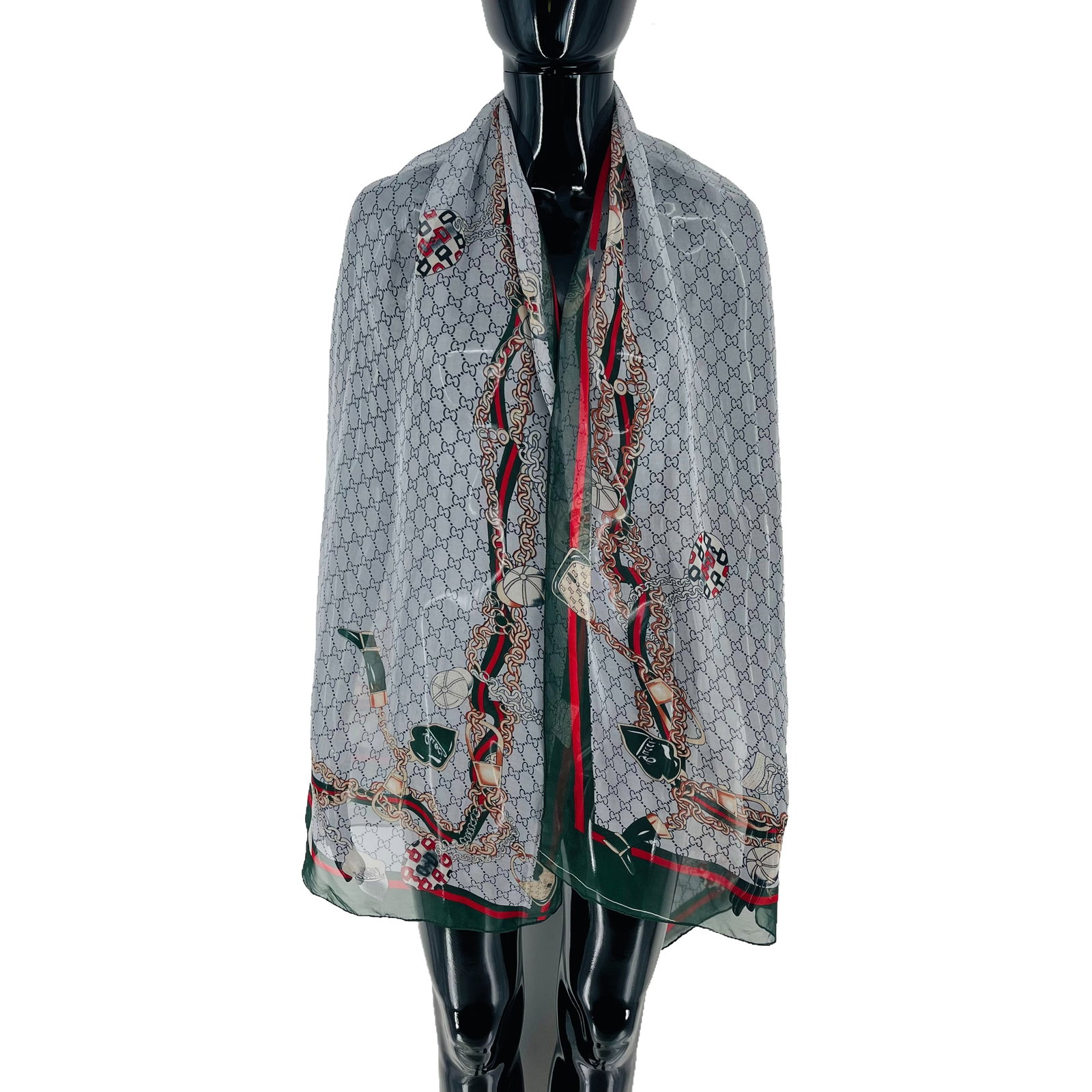 Gucci Grey Printed 100% Silk Scarf: Title: Gucci Grey Printed 100% Silk Scarf Brand:Gucci Date/Period: Modern Materials:100% Silk Size:One Size Description:Gucci Grey Printed 100% Silk Scarf Reserve: $100.00 Shipping: