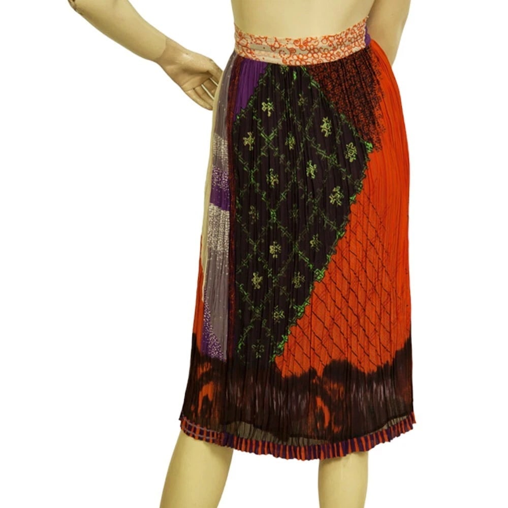 Etro Orange 100% Silk Pleated Drawstring Knee Length Midi Skirt Size 44 - 2