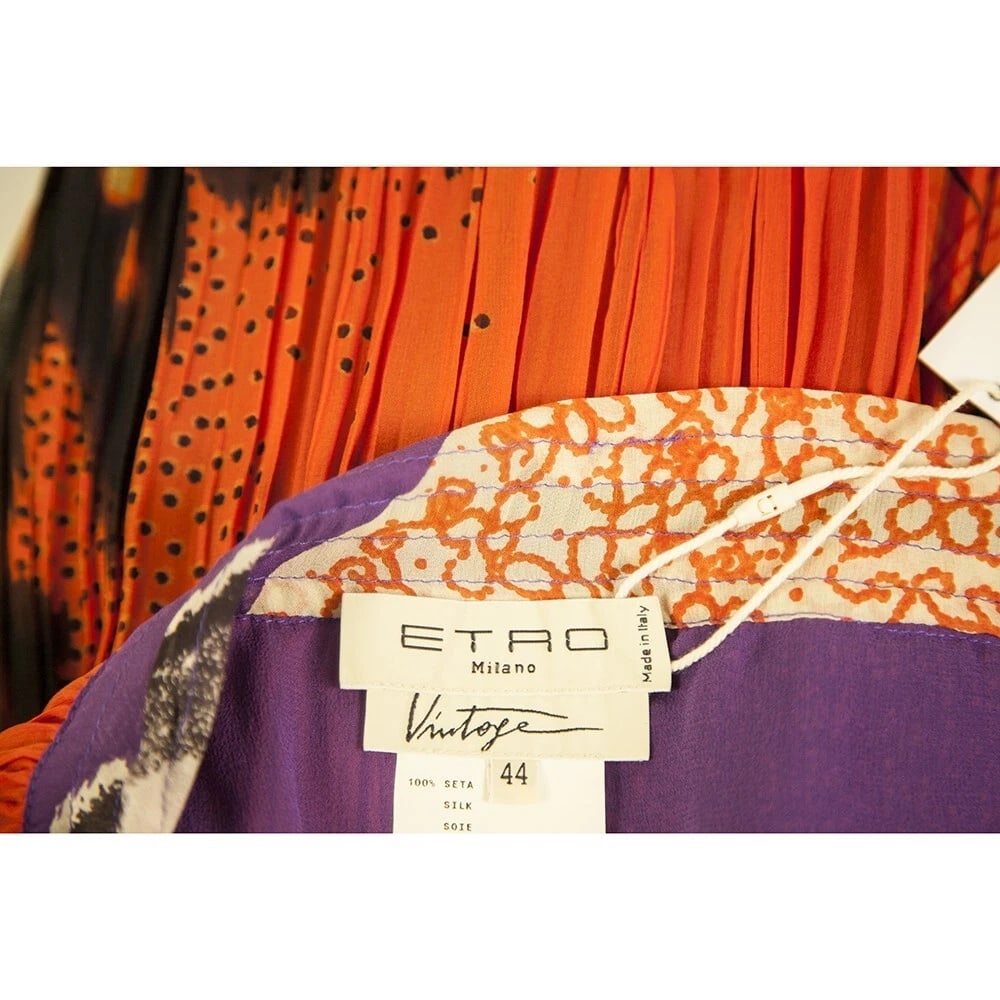 Etro Orange 100% Silk Pleated Drawstring Knee Length Midi Skirt Size 44 - 3