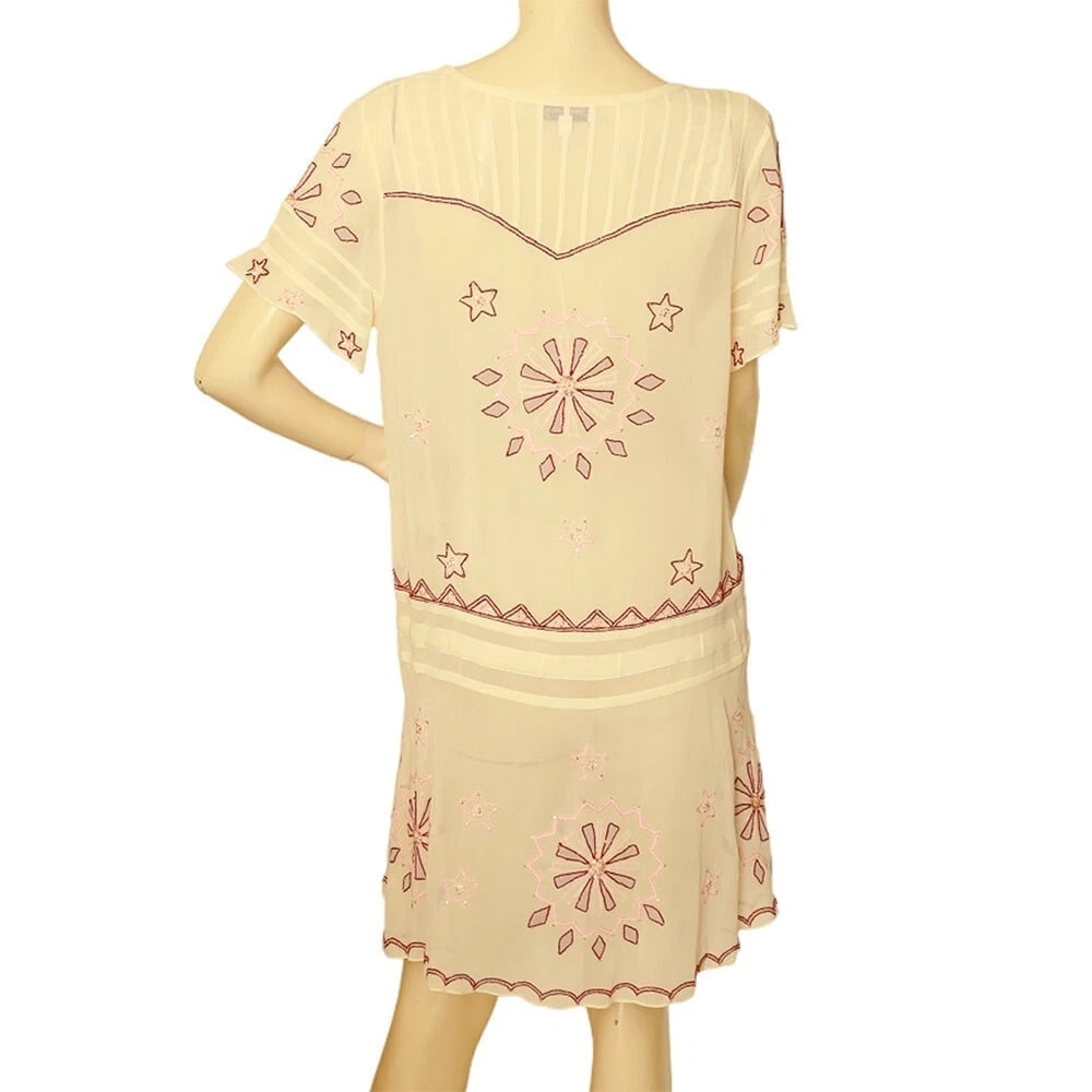 Temperley London Ivory Silk Red Pink Embroidery Sheer Mini Dress size UK 12 - 2