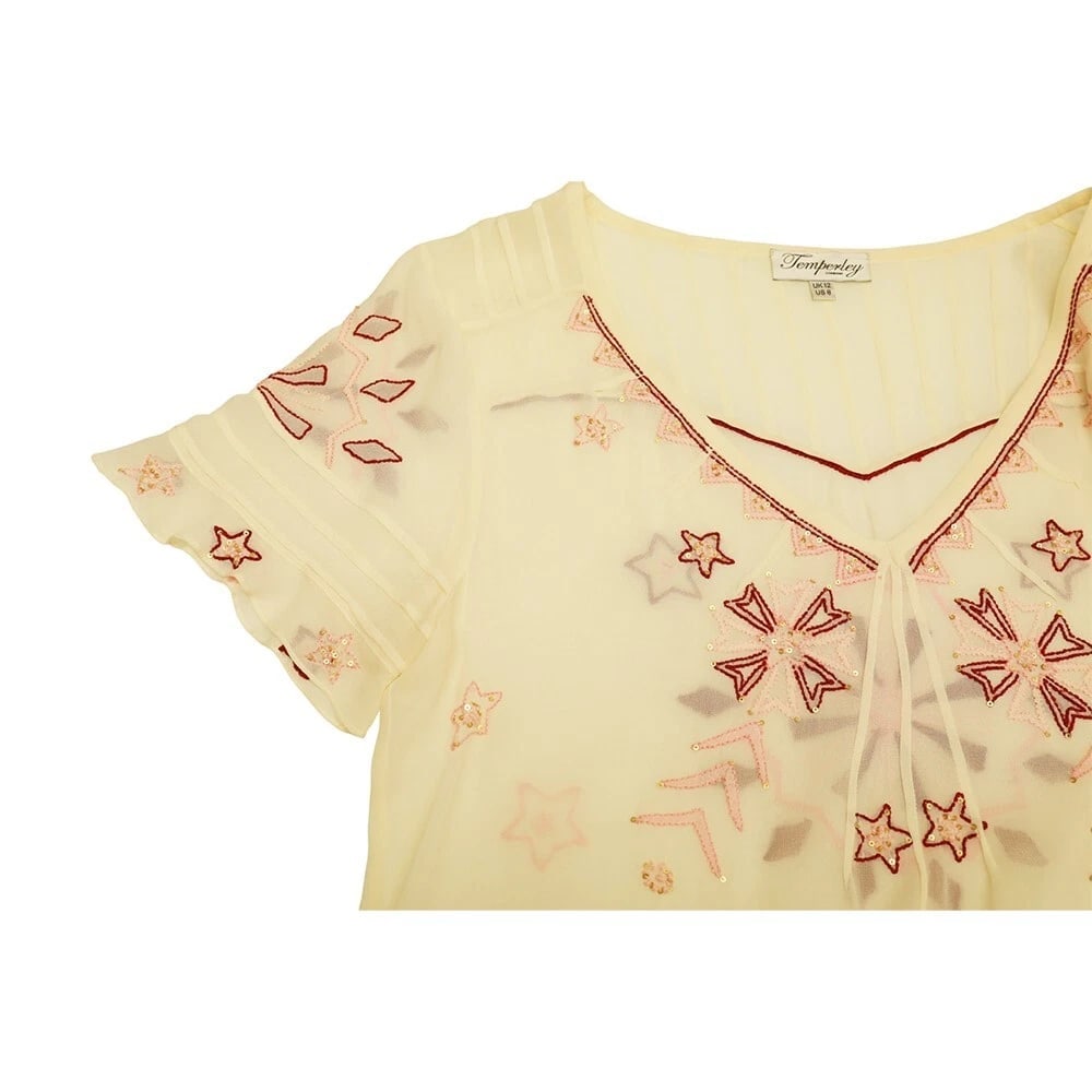 Temperley London Ivory Silk Red Pink Embroidery Sheer Mini Dress size UK 12 - 5