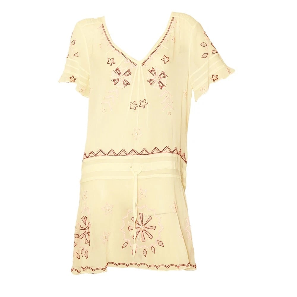 Temperley London Ivory Silk Red Pink Embroidery Sheer Mini Dress size UK 12 - 6