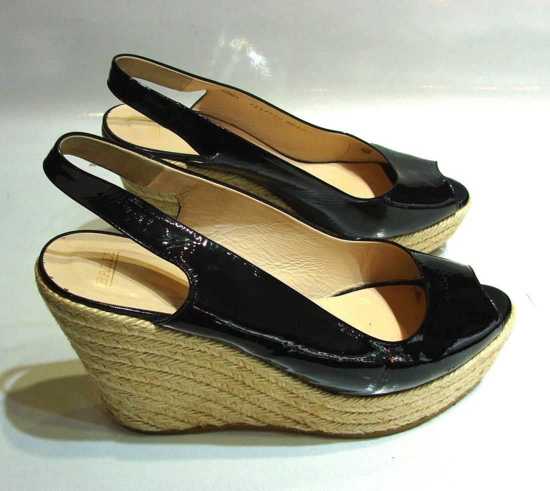 BALLY MADE IN ITALY SIZE 38 1/2 SIMPA WEDGE SHOES ESPADRILLS PATENT LEATHER - 2