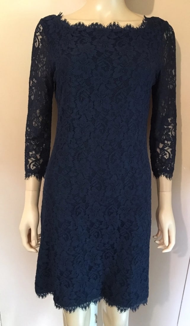 Elegant Diane Von Furstenberg Navy Lace Dress Size 8 - 2