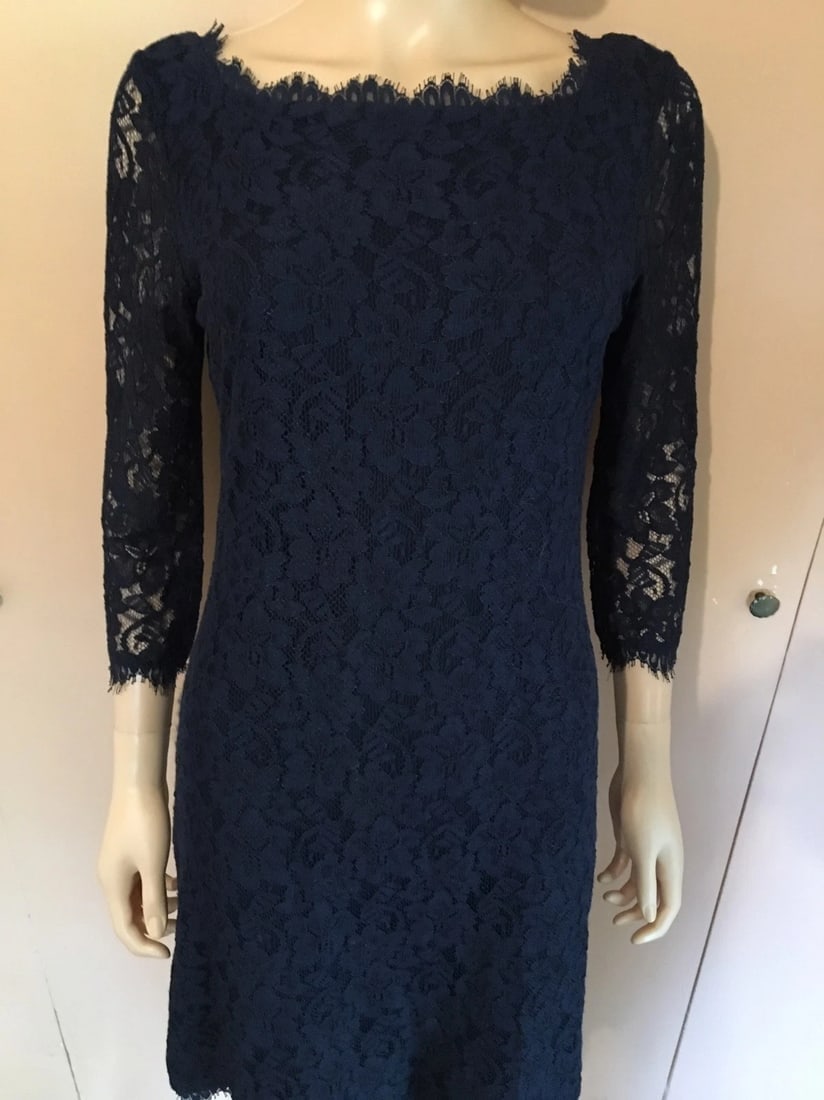 Elegant Diane Von Furstenberg Navy Lace Dress Size 8 - 5