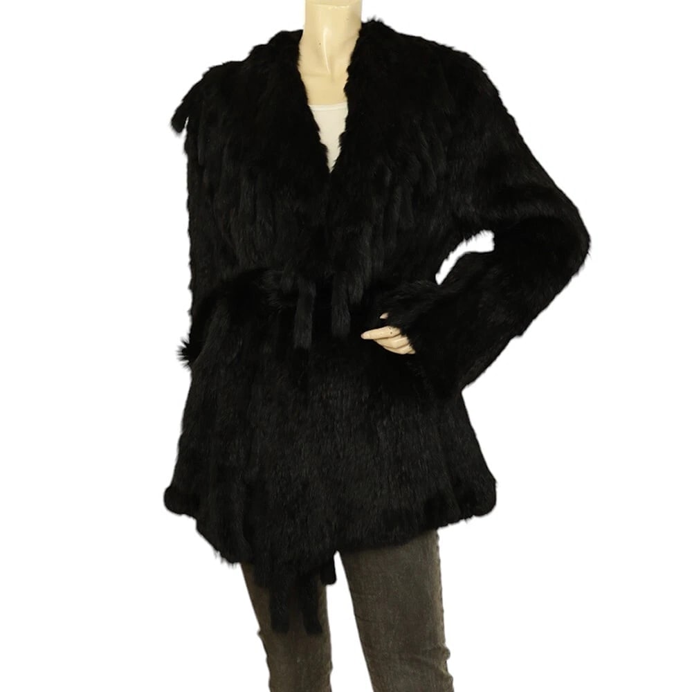 Derhy Rabbit Fur Black Modern cut Belted Jacket Coat w. Fringes size L (1 of 8)