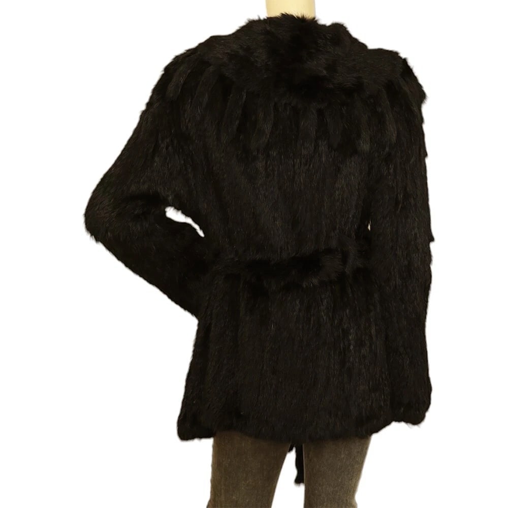 Derhy Rabbit Fur Black Modern cut Belted Jacket Coat w. Fringes size L - 2