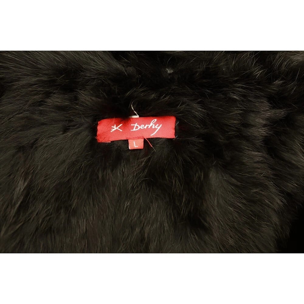 Derhy Rabbit Fur Black Modern cut Belted Jacket Coat w. Fringes size L - 3