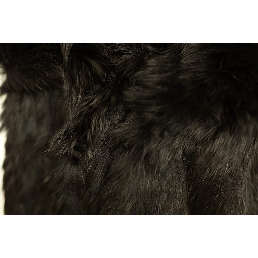 Derhy Rabbit Fur Black Modern cut Belted Jacket Coat w. Fringes size L - 5