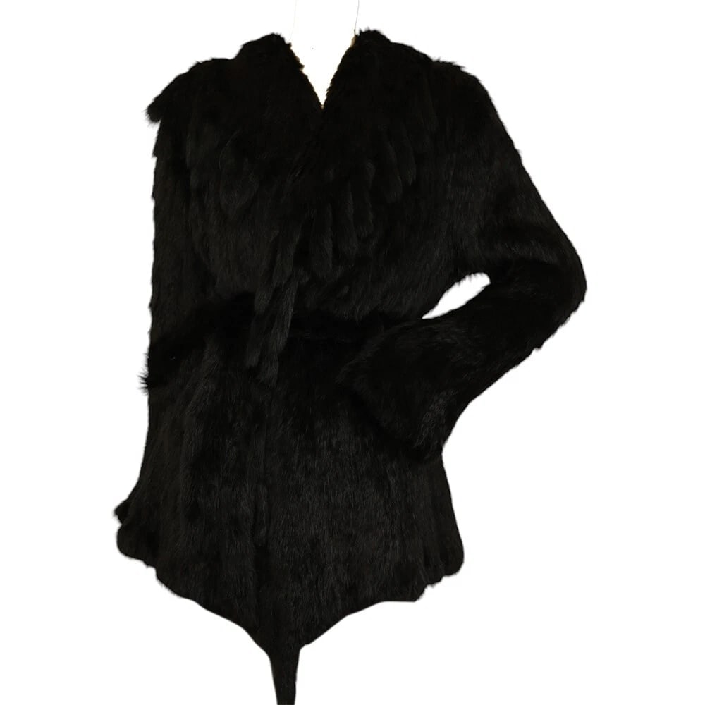 Derhy Rabbit Fur Black Modern cut Belted Jacket Coat w. Fringes size L - 8