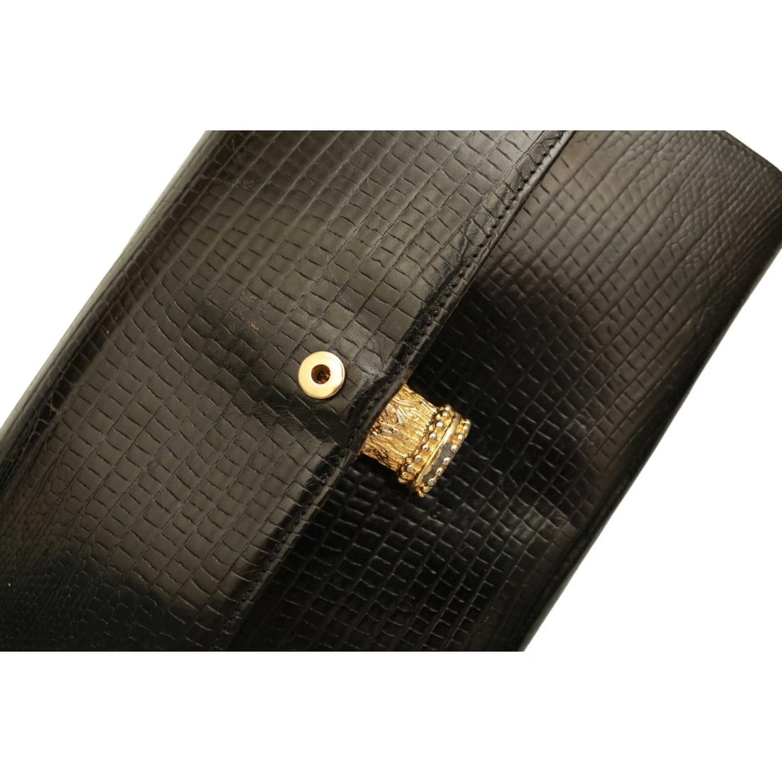 Gianfranco Ferre Black Lizard Leather Flap Top Clutch Bag Goldtone Lion Paw - 10