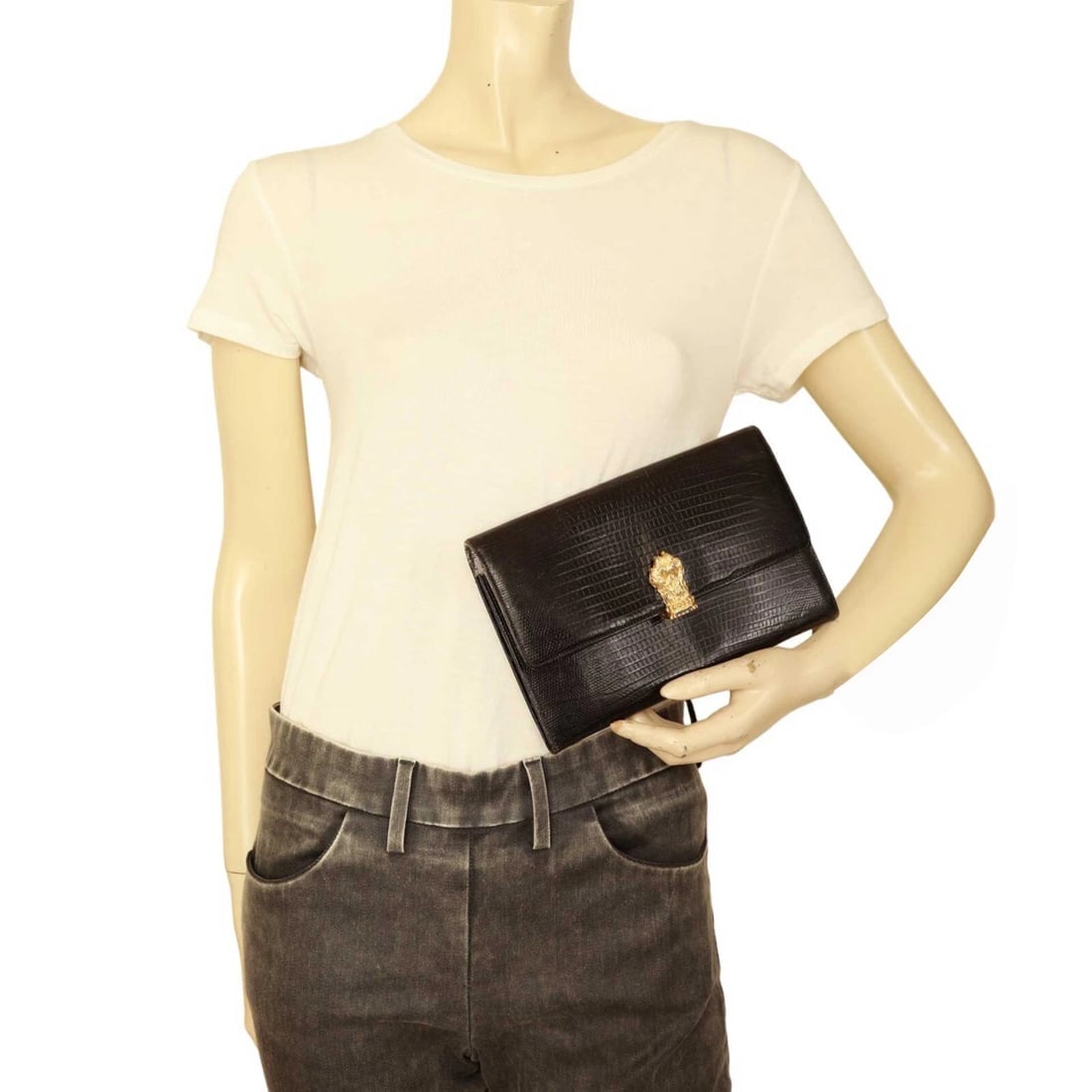 Gianfranco Ferre Black Lizard Leather Flap Top Clutch Bag Goldtone Lion Paw - 12