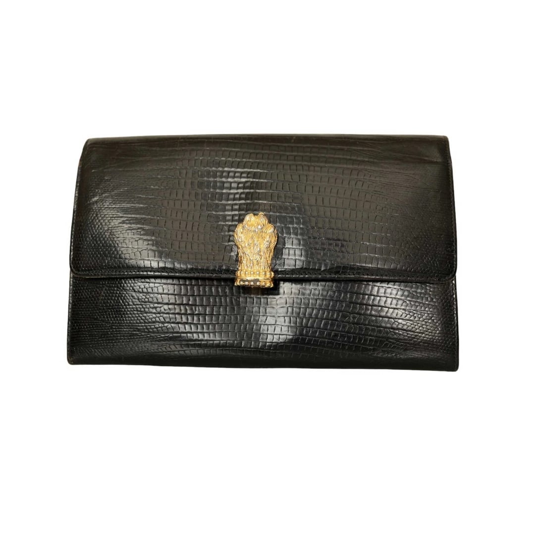 Gianfranco Ferre Black Lizard Leather Flap Top Clutch Bag Goldtone Lion Paw (1 of 12)