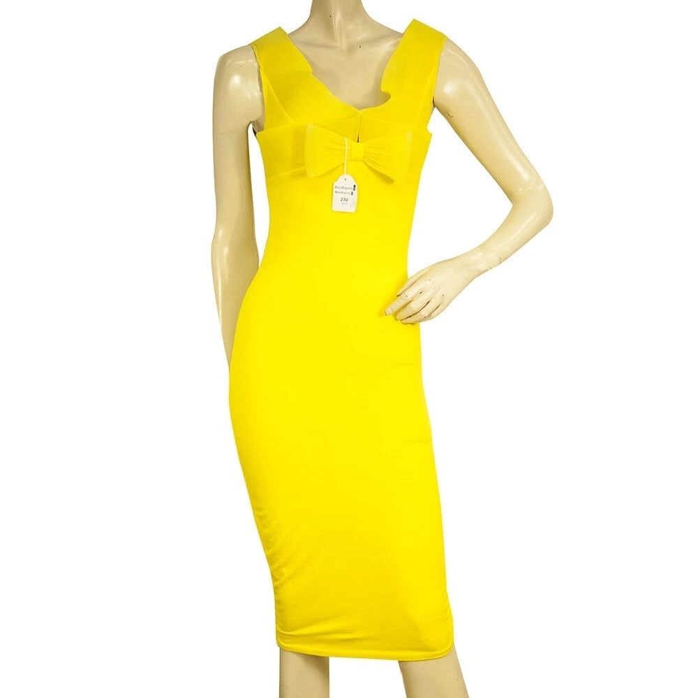 Bright Yellow Bodycon Below Knee Length Sleeveless Bow Midi Dress: Title:Bright Yellow Bodycon Below Knee Length Sleeveless Bow Midi Dress Description:Isabel Benenato Gray Bodycon Calf Length Sleeveless Tank Dress sz 44 Bright Yellow Bodycon Below Knee Length