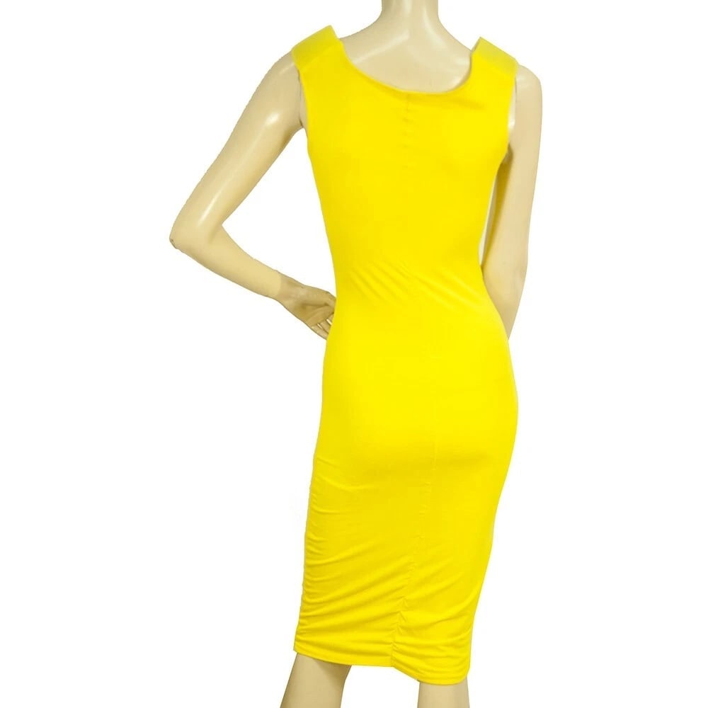 Bright Yellow Bodycon Below Knee Length Sleeveless Bow Midi Dress - 2