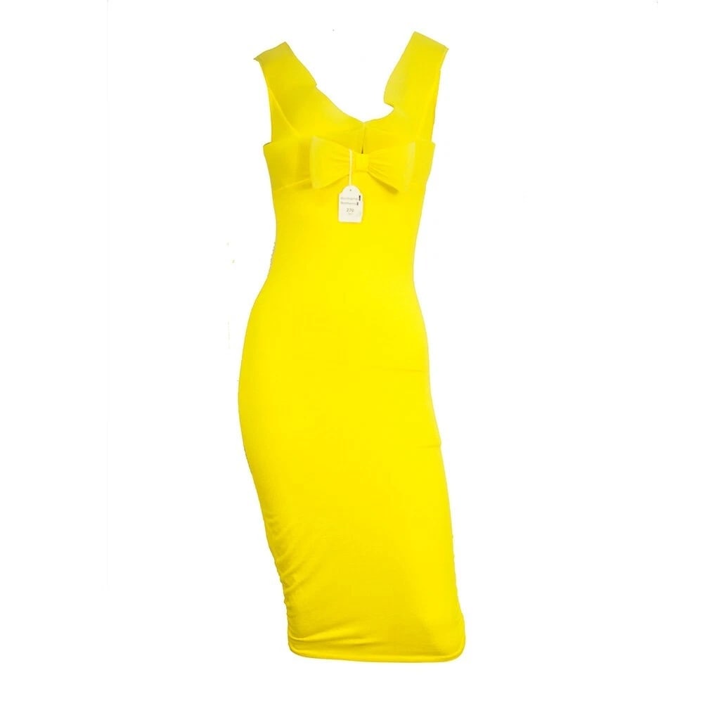 Bright Yellow Bodycon Below Knee Length Sleeveless Bow Midi Dress - 7