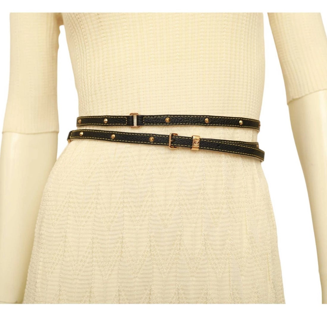 Louis Vuitton Black Leather Pyramid Studded Long Double Wrap Thin Skinny Belt - 7