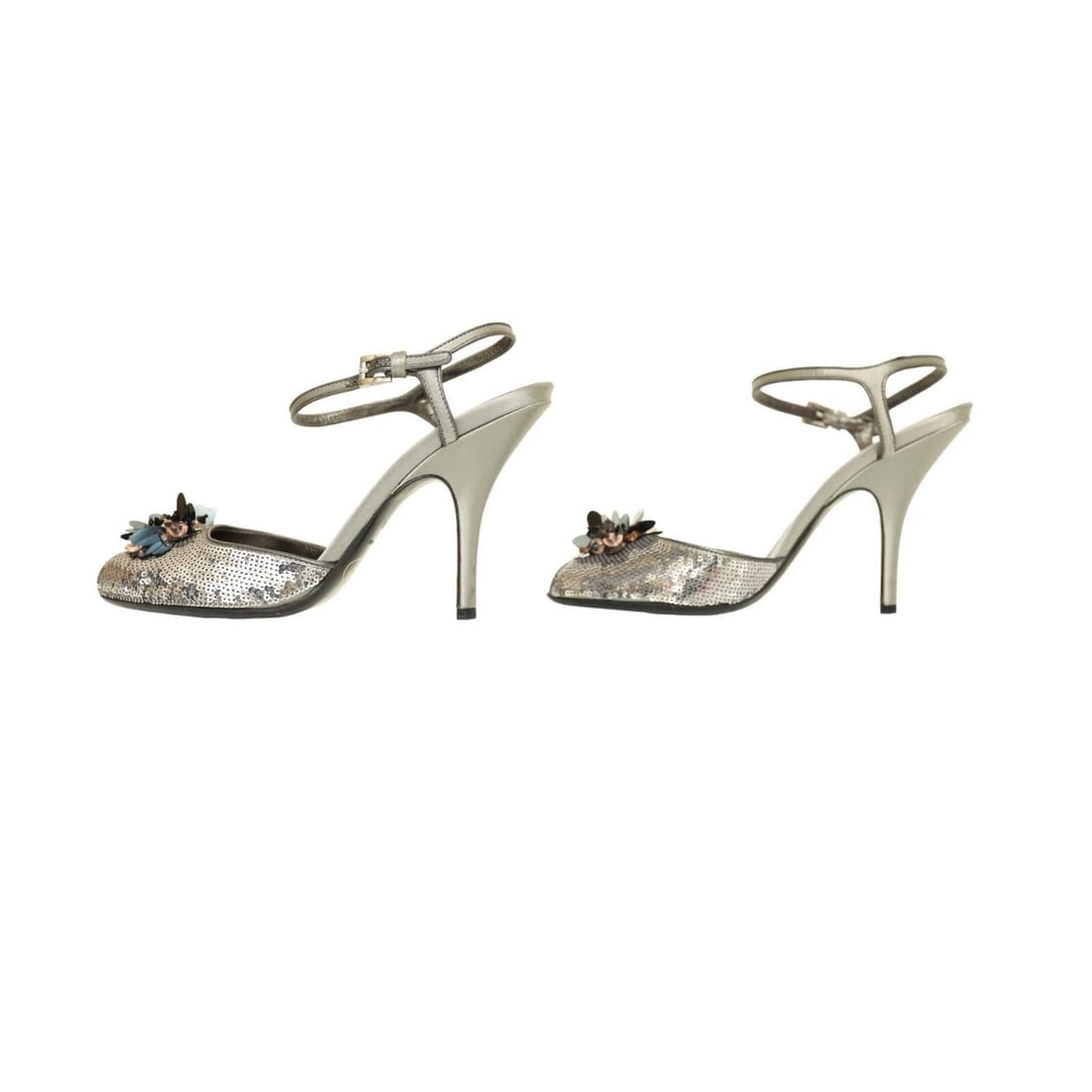 PRADA Silver Leather & Sequins Peep Toe Strappy Sandals Heels Shoes - Sz 39.5 - 6