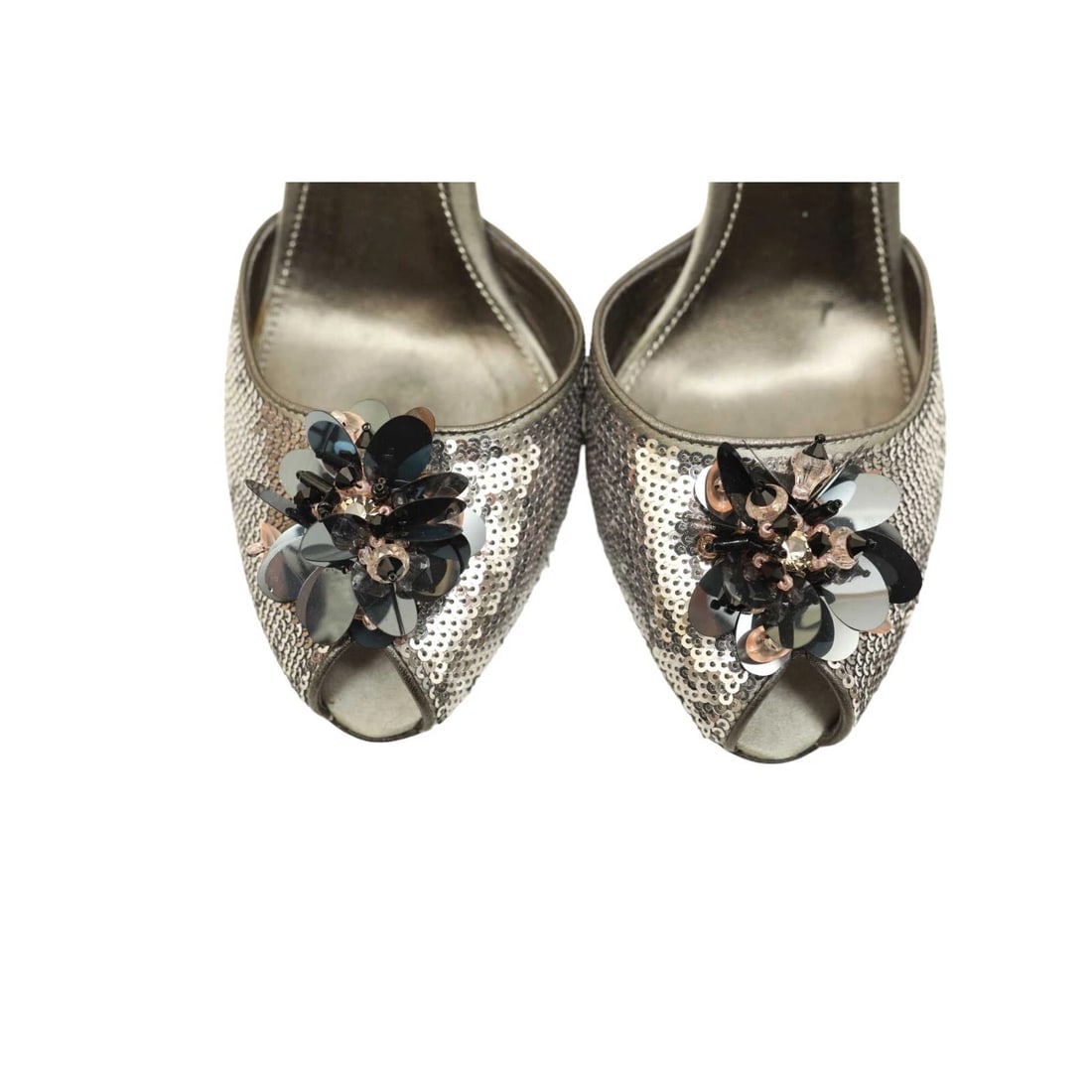 PRADA Silver Leather & Sequins Peep Toe Strappy Sandals Heels Shoes - Sz 39.5 - 7