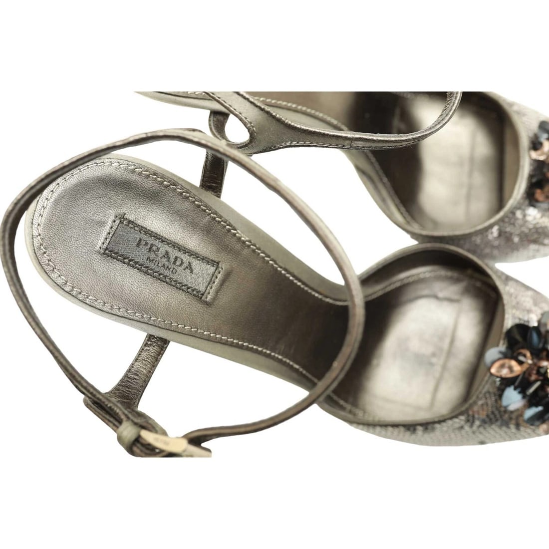 PRADA Silver Leather & Sequins Peep Toe Strappy Sandals Heels Shoes - Sz 39.5 - 8