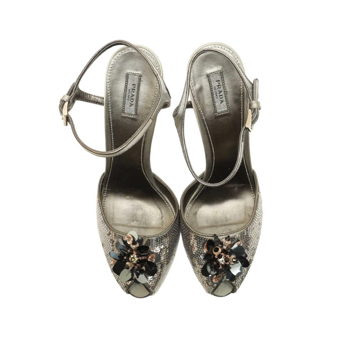 PRADA Silver Leather & Sequins Peep Toe Strappy Sandals Heels Shoes - Sz 39.5 - 9