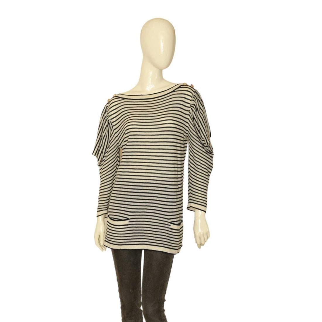 Stella McCartney Black White Stripes Cashmere Knit Boat Neck Sweater Top size 44 - 2