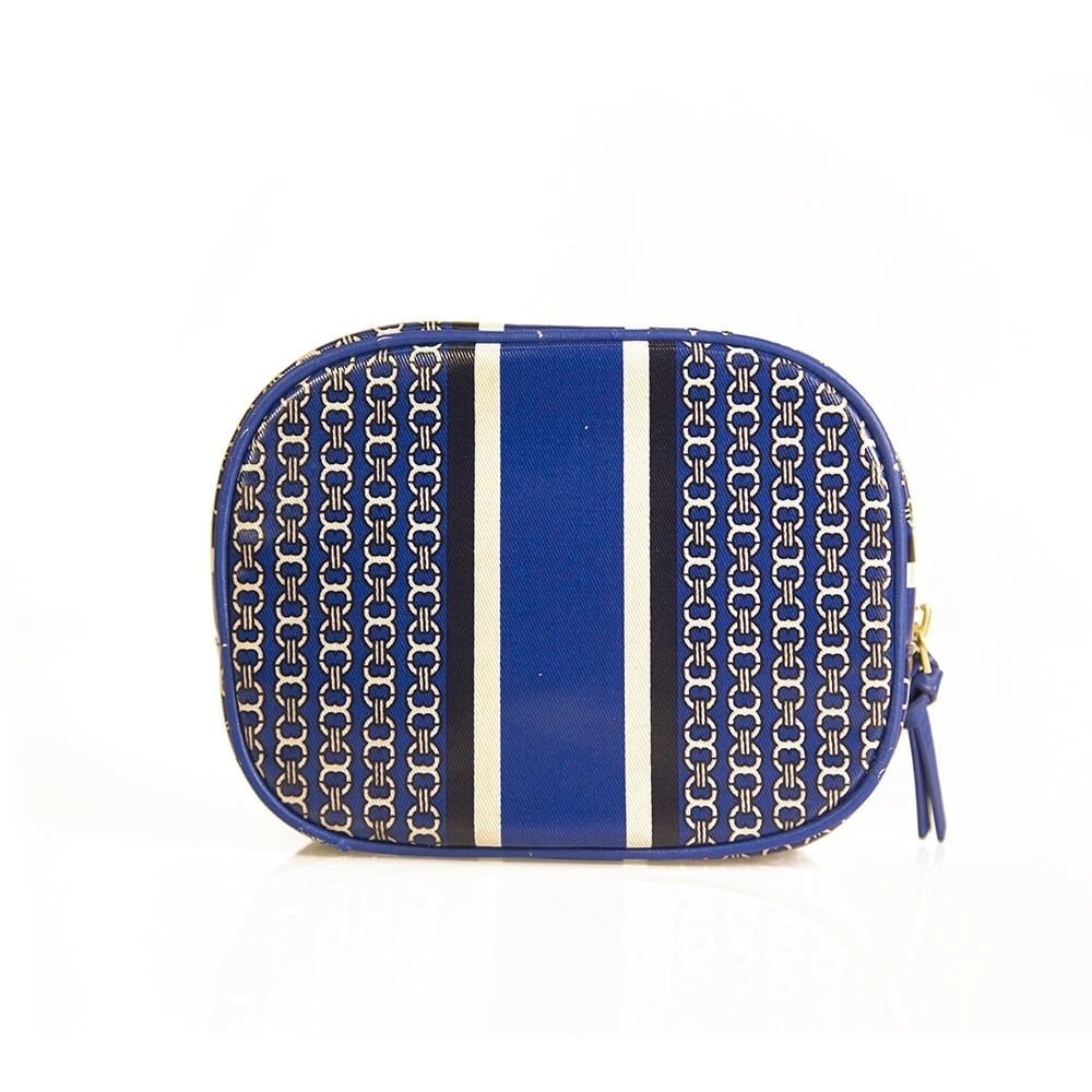Tory Burch Blue White Chain Pattern Canvas Zipper Clutch Handbag Toiletry Bag - 2