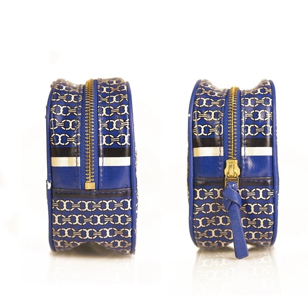 Tory Burch Blue White Chain Pattern Canvas Zipper Clutch Handbag Toiletry Bag - 3