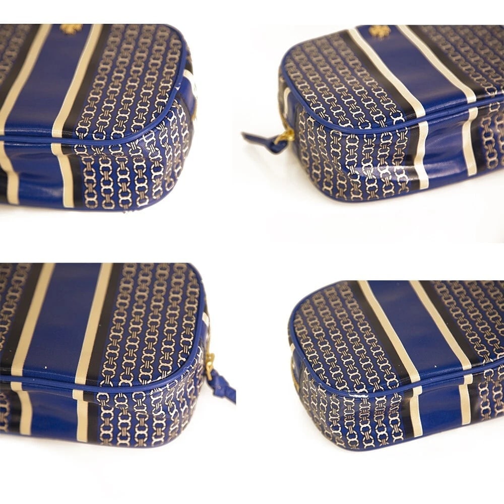 Tory Burch Blue White Chain Pattern Canvas Zipper Clutch Handbag Toiletry Bag - 4