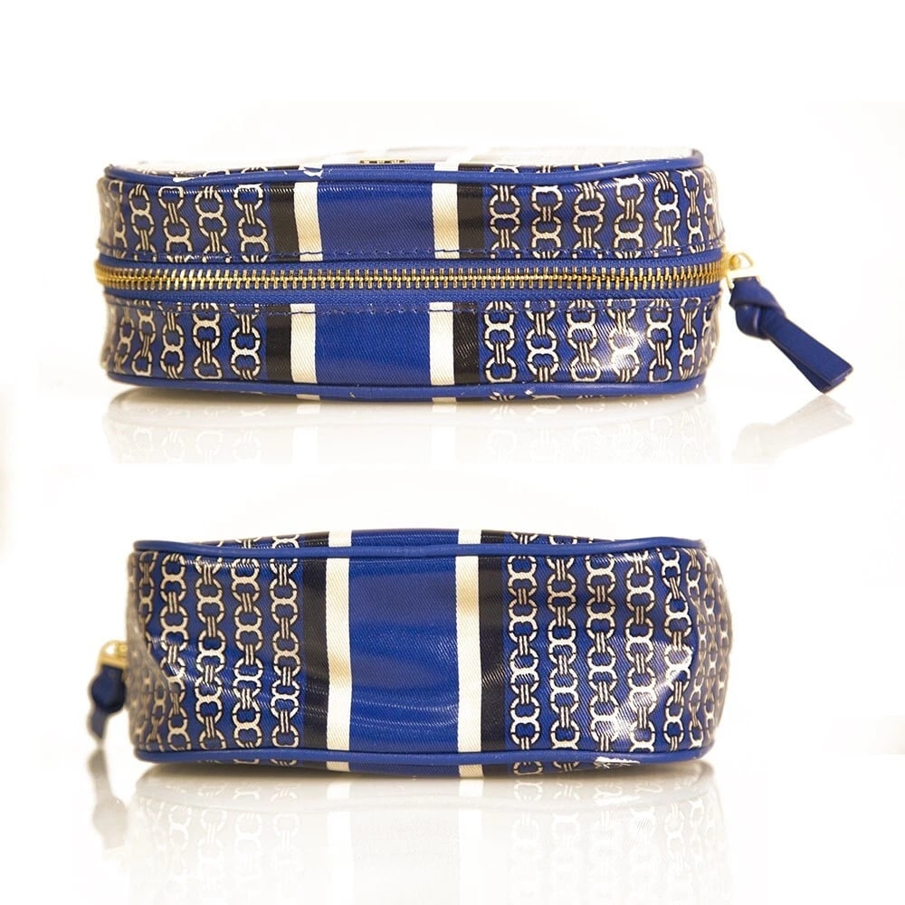 Tory Burch Blue White Chain Pattern Canvas Zipper Clutch Handbag Toiletry Bag - 5