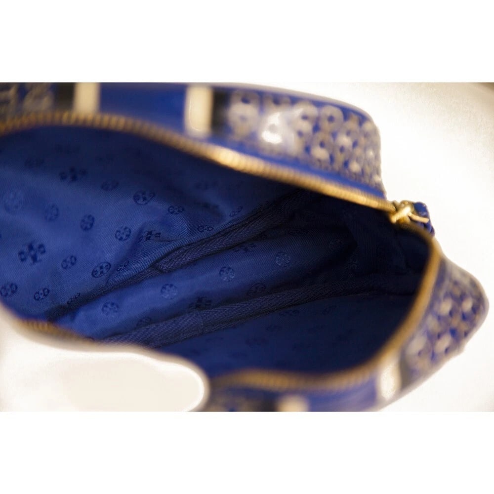 Tory Burch Blue White Chain Pattern Canvas Zipper Clutch Handbag Toiletry Bag - 7