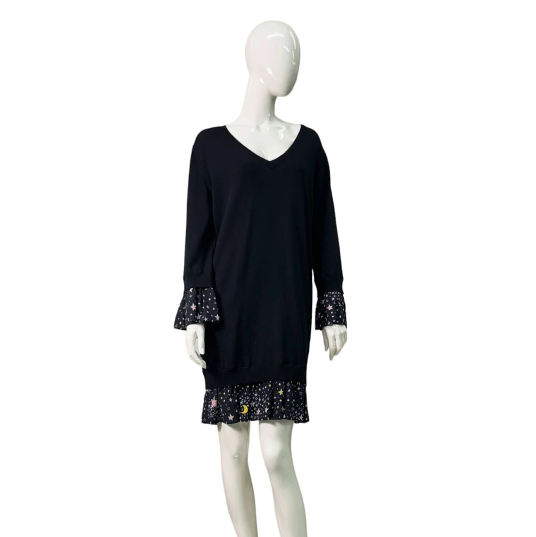 Moschino Boutique Black Wool Knit Silk Trim w. Stars Mini Length Dress Size 46 (1 of 8)