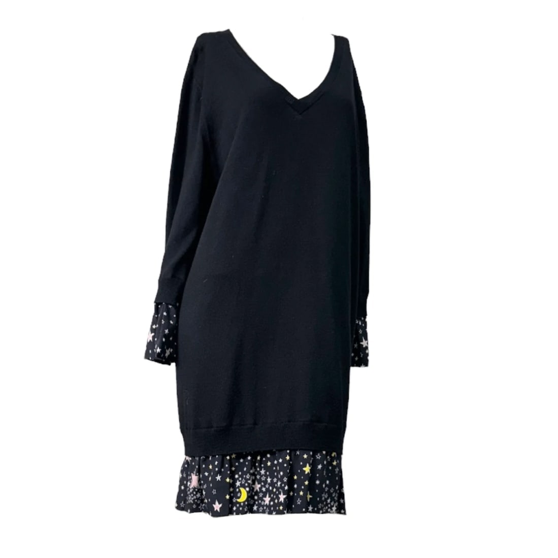 Moschino Boutique Black Wool Knit Silk Trim w. Stars Mini Length Dress Size 46 - 3