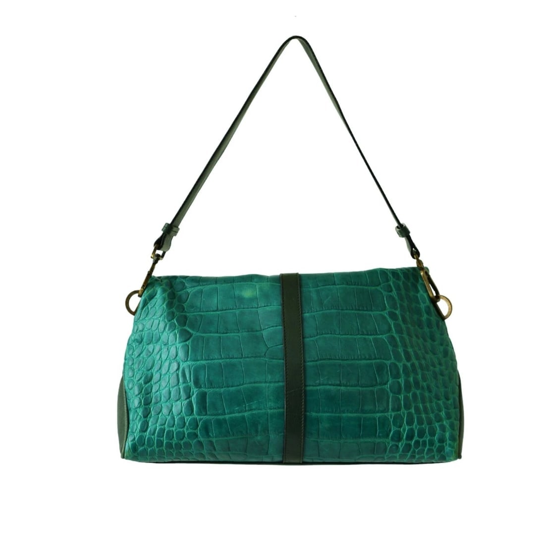 Burberry Green Crocodile Embossed Leather Fold Over Handbag Shoulder Bag w. Clip - 2