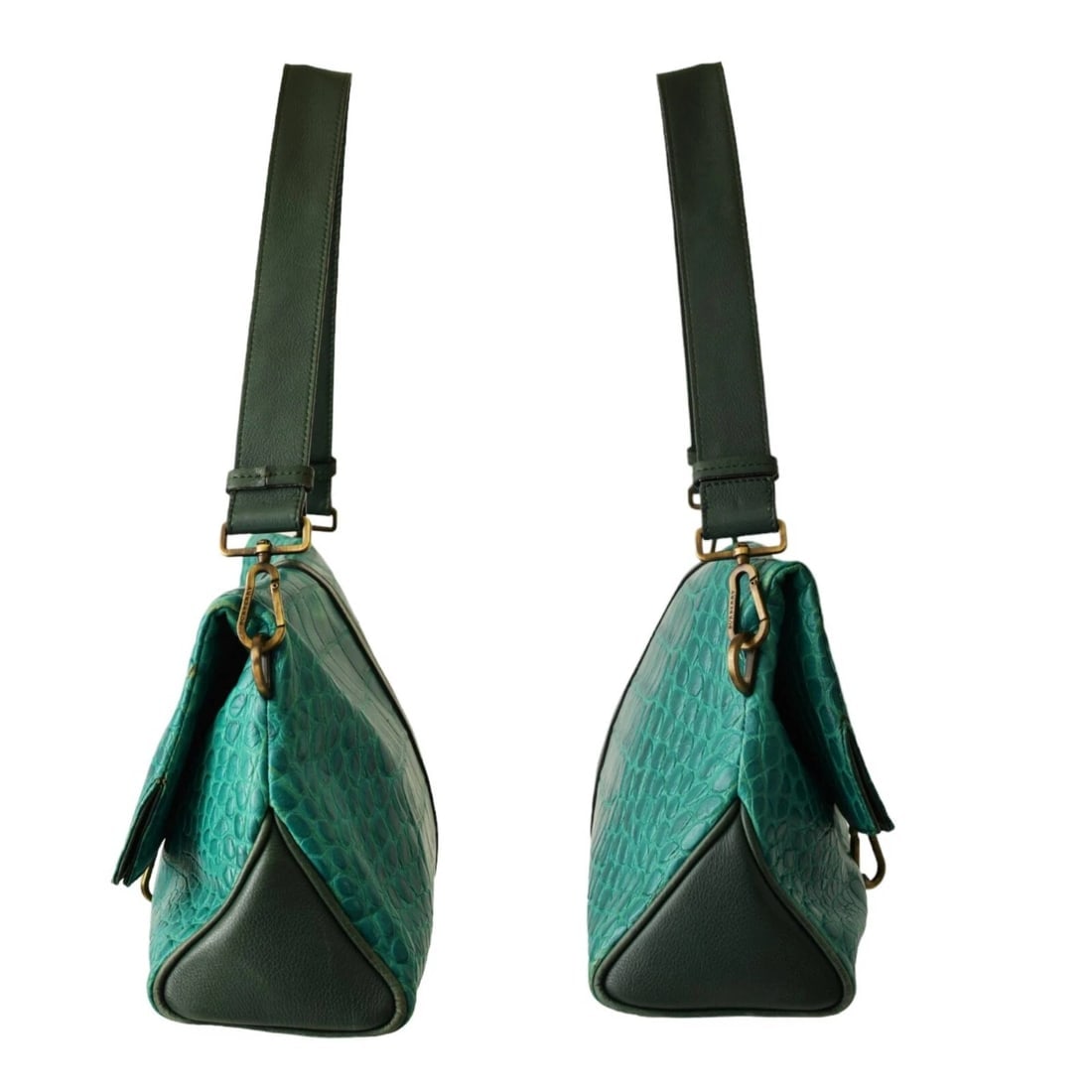 Burberry Green Crocodile Embossed Leather Fold Over Handbag Shoulder Bag w. Clip - 3
