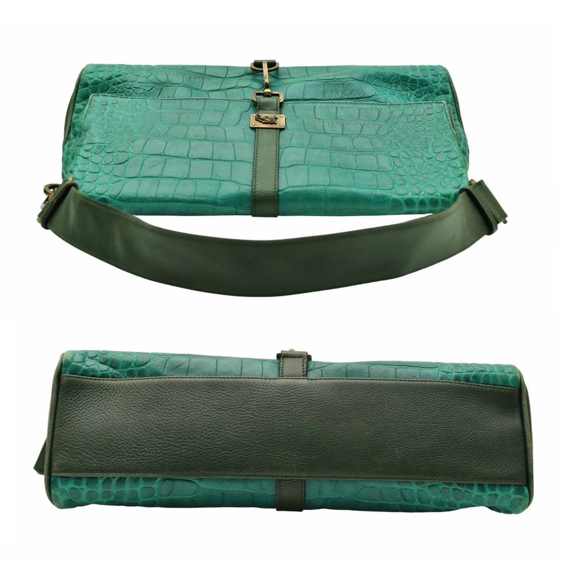 Burberry Green Crocodile Embossed Leather Fold Over Handbag Shoulder Bag w. Clip - 4