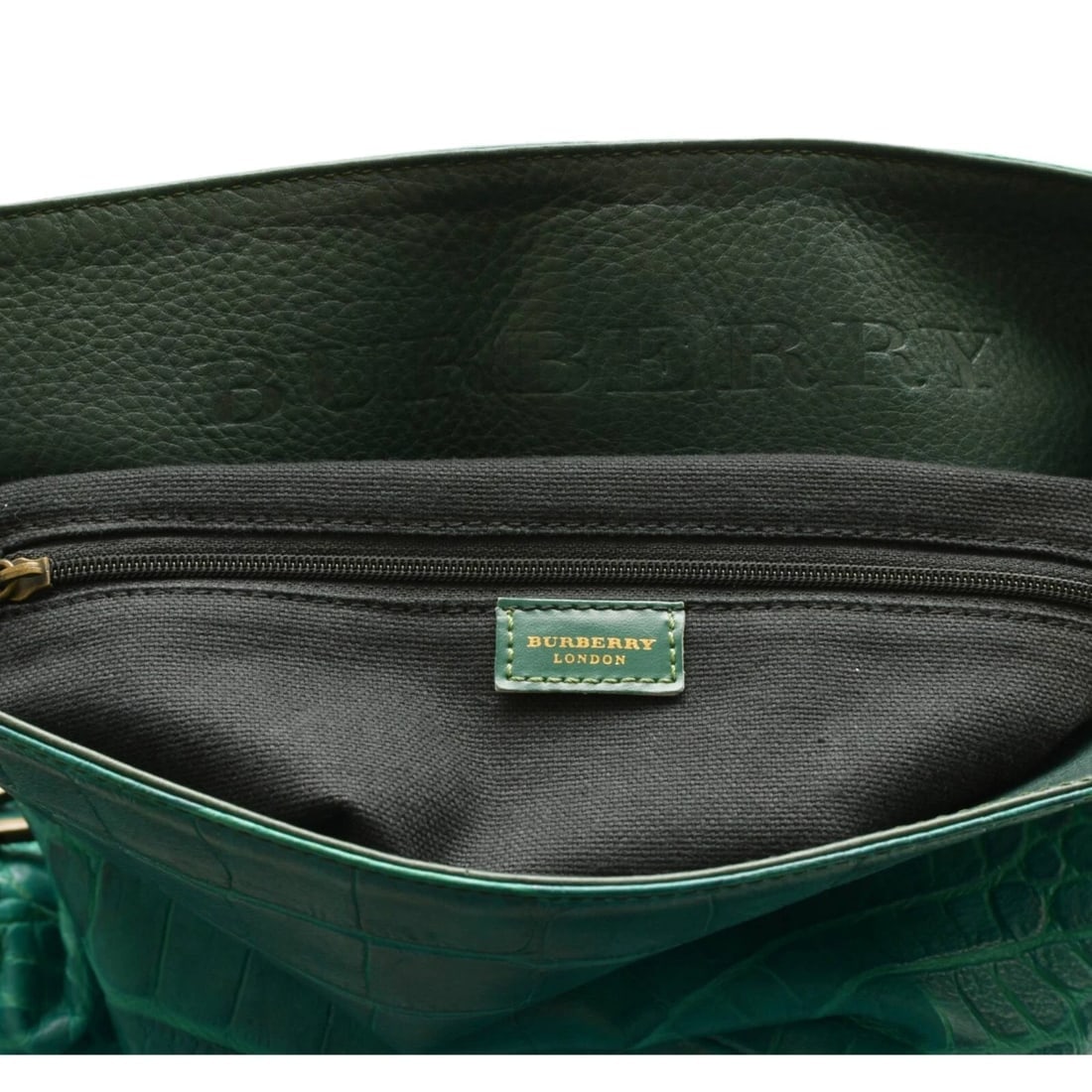 Burberry Green Crocodile Embossed Leather Fold Over Handbag Shoulder Bag w. Clip - 7
