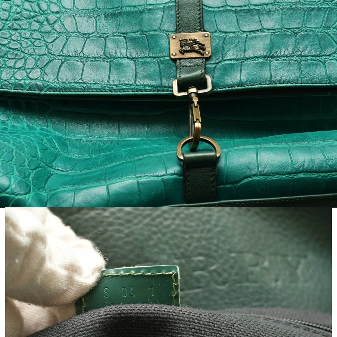 Burberry Green Crocodile Embossed Leather Fold Over Handbag Shoulder Bag w. Clip - 8