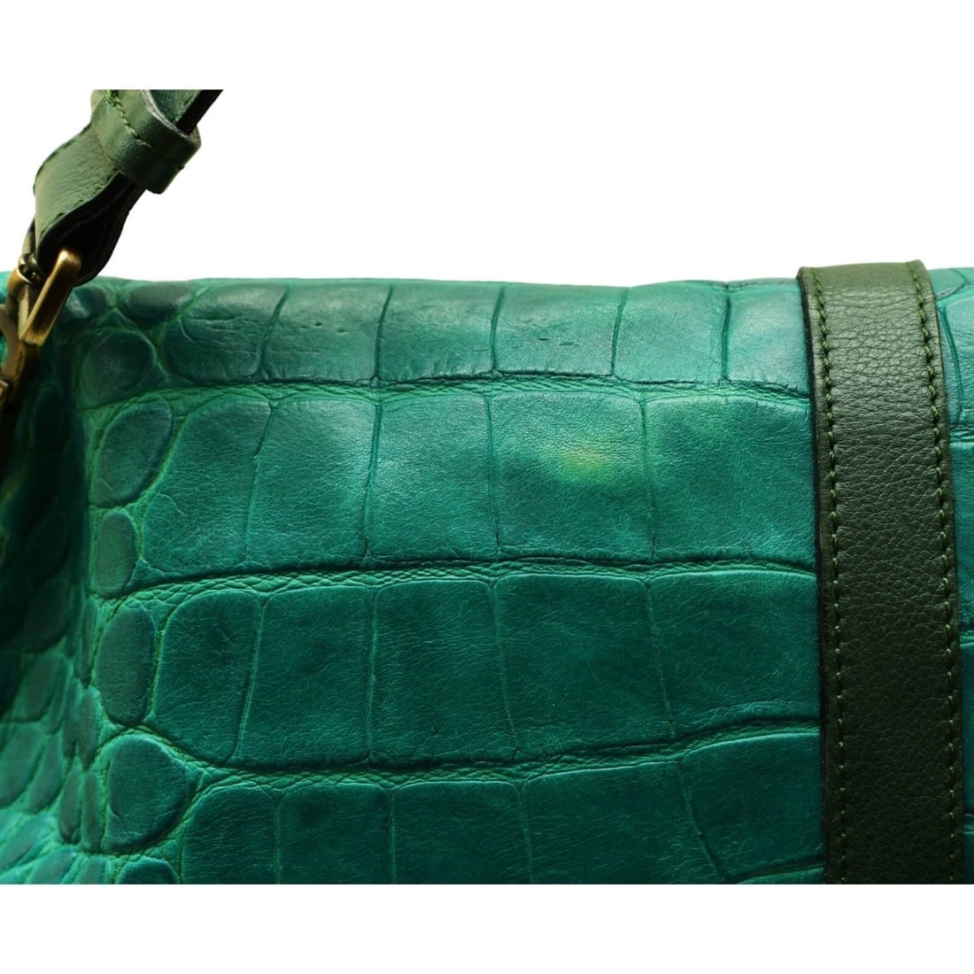 Burberry Green Crocodile Embossed Leather Fold Over Handbag Shoulder Bag w. Clip - 9