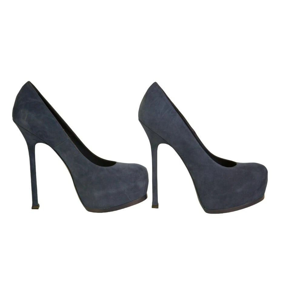 NWOB Yves Saint Laurent Blue Suede Tribute Tribtoo Heels Platform Pumps 40 Shoes - 5