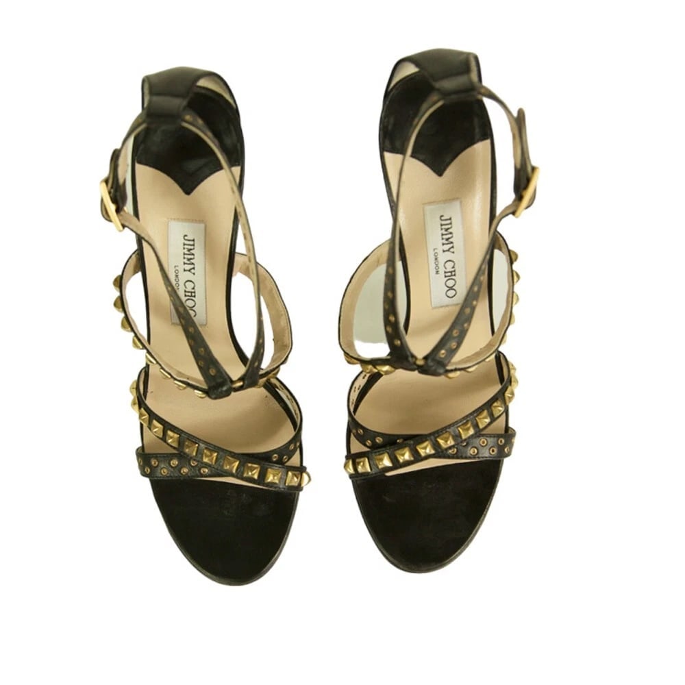Jimmy Choo Inga Black Leather Studs Grommets Strappy Sandals Heels shoes size 40 - 6
