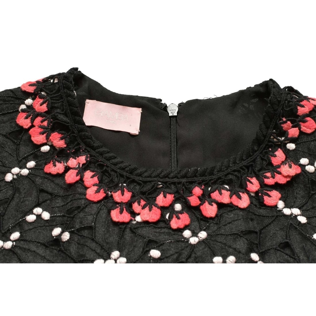 Giamba Black Floral Embroidered Lace Pink Roses Mini Length Cocktail Dress S - 8