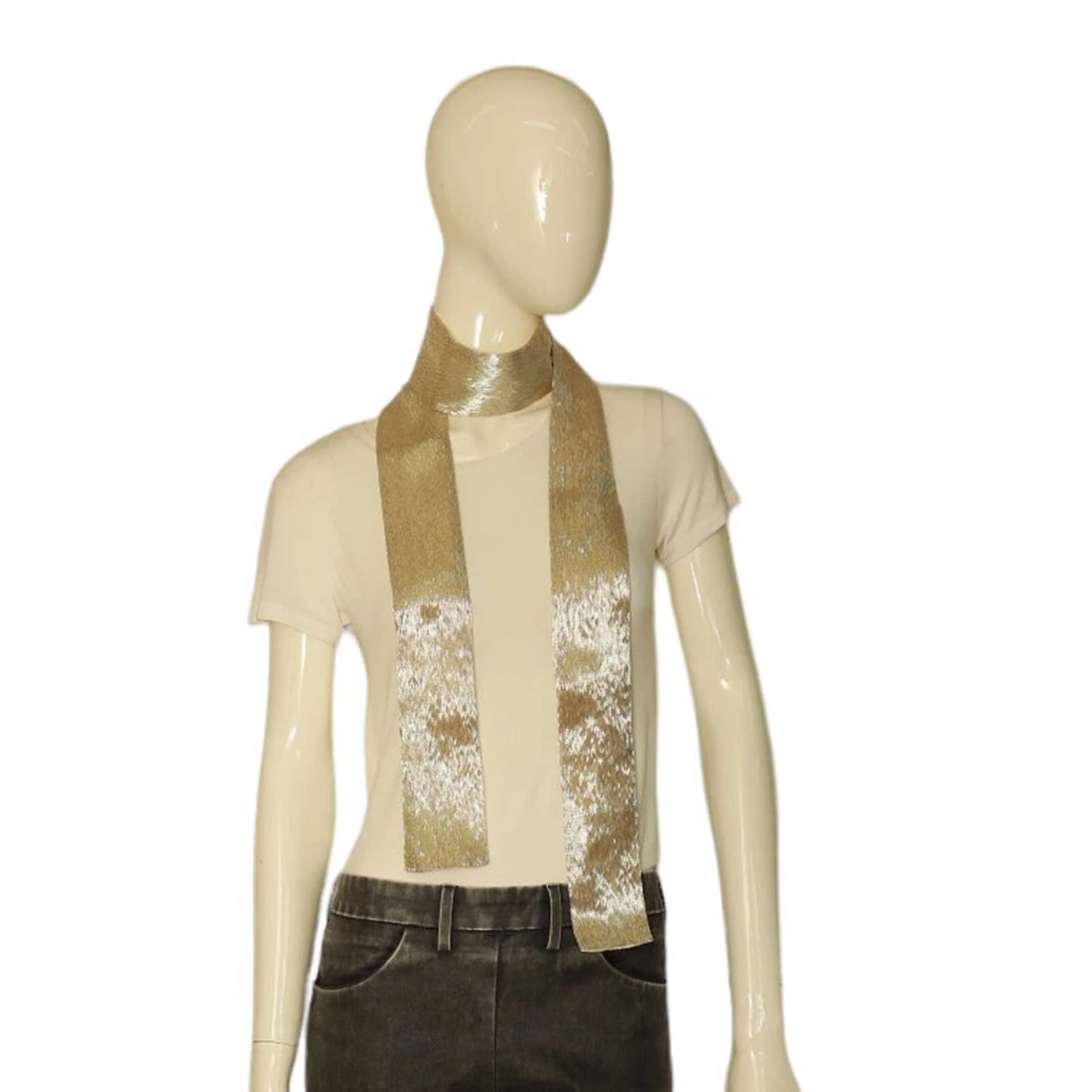 Chloe Silk Fully Sequined Shiny Beige Narrow Long Foulard Scarf Shawl - 5
